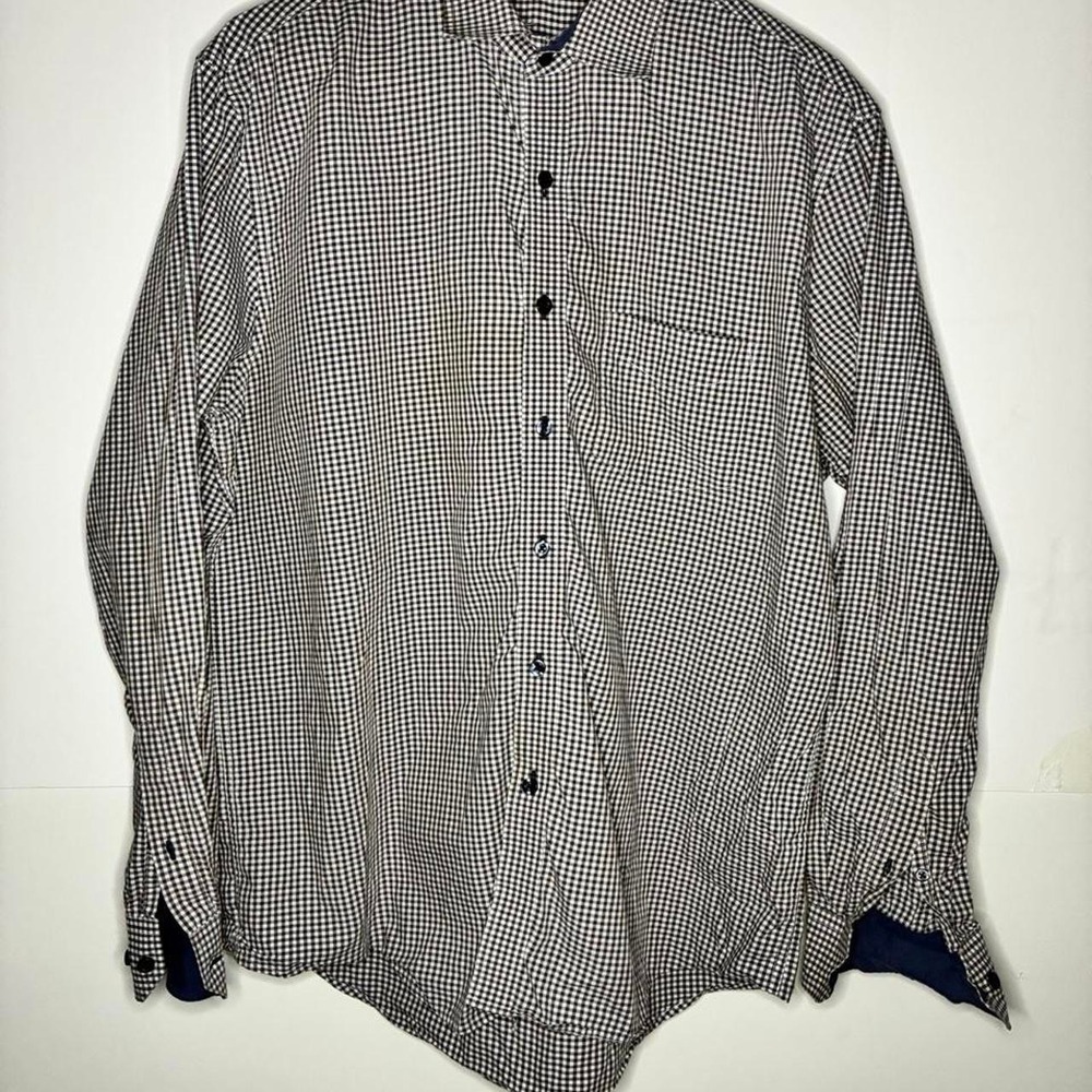Tasso Elba Mens Navy Blue Gingham Check Long Sleeve Button Down Shirt Large L